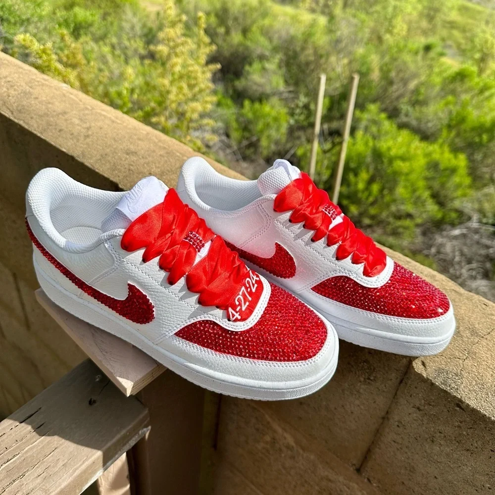 Custom Red Bling Nike Court Vision Bling Sneakers, Rhinestone Wedding Shoes